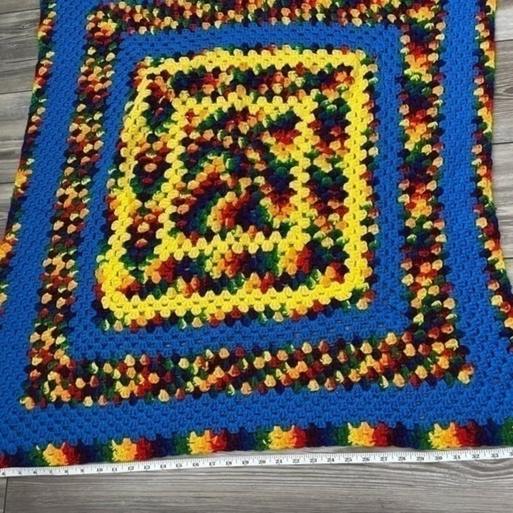 Handmade Granny Square Crocheted Blanket Baby Blanket Rainbow Pattern 35 x 37.5”